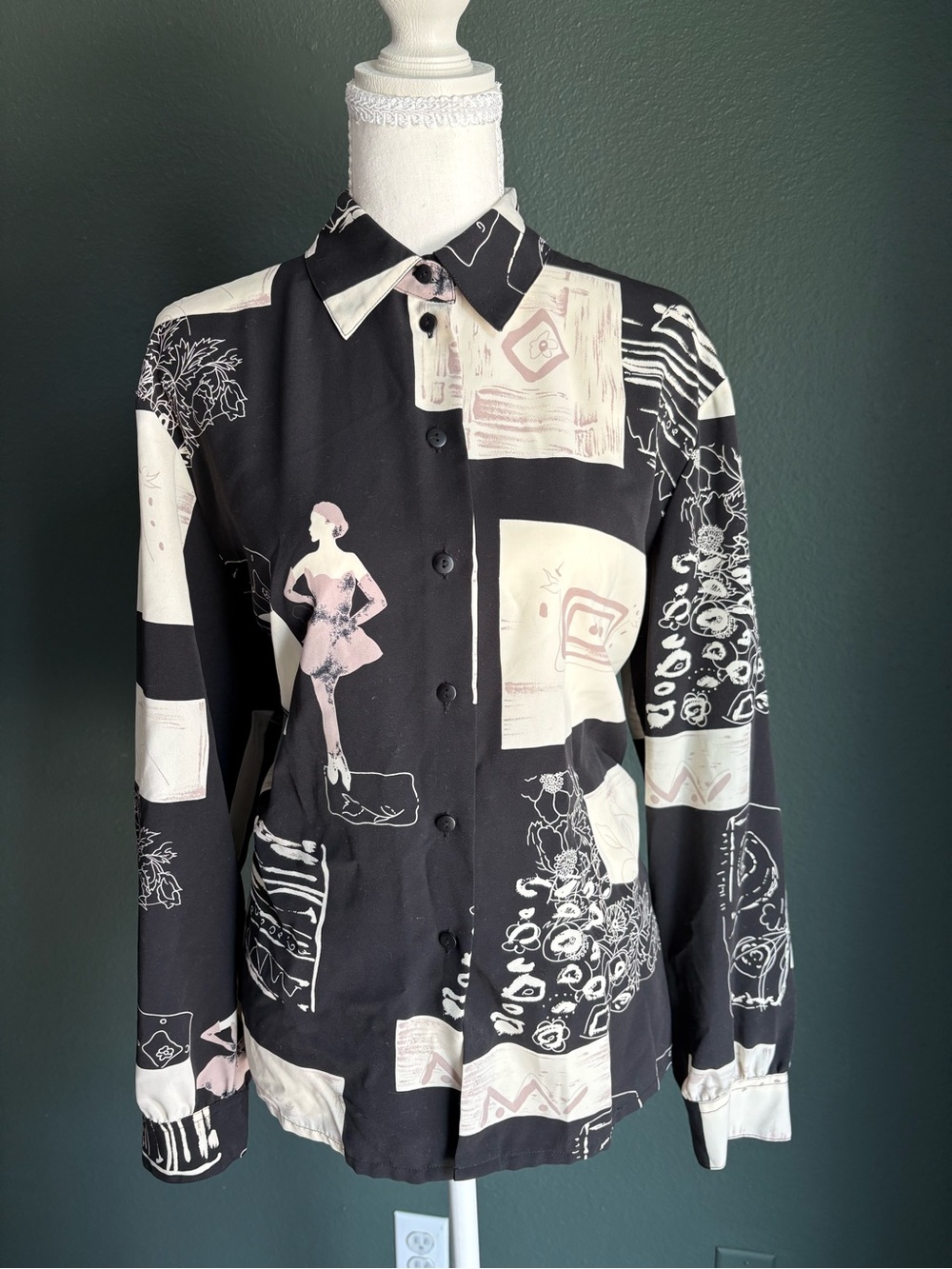 VTG EHL Petite Abstract Art Print Button Up Blouse Womens 12 Black Shirt